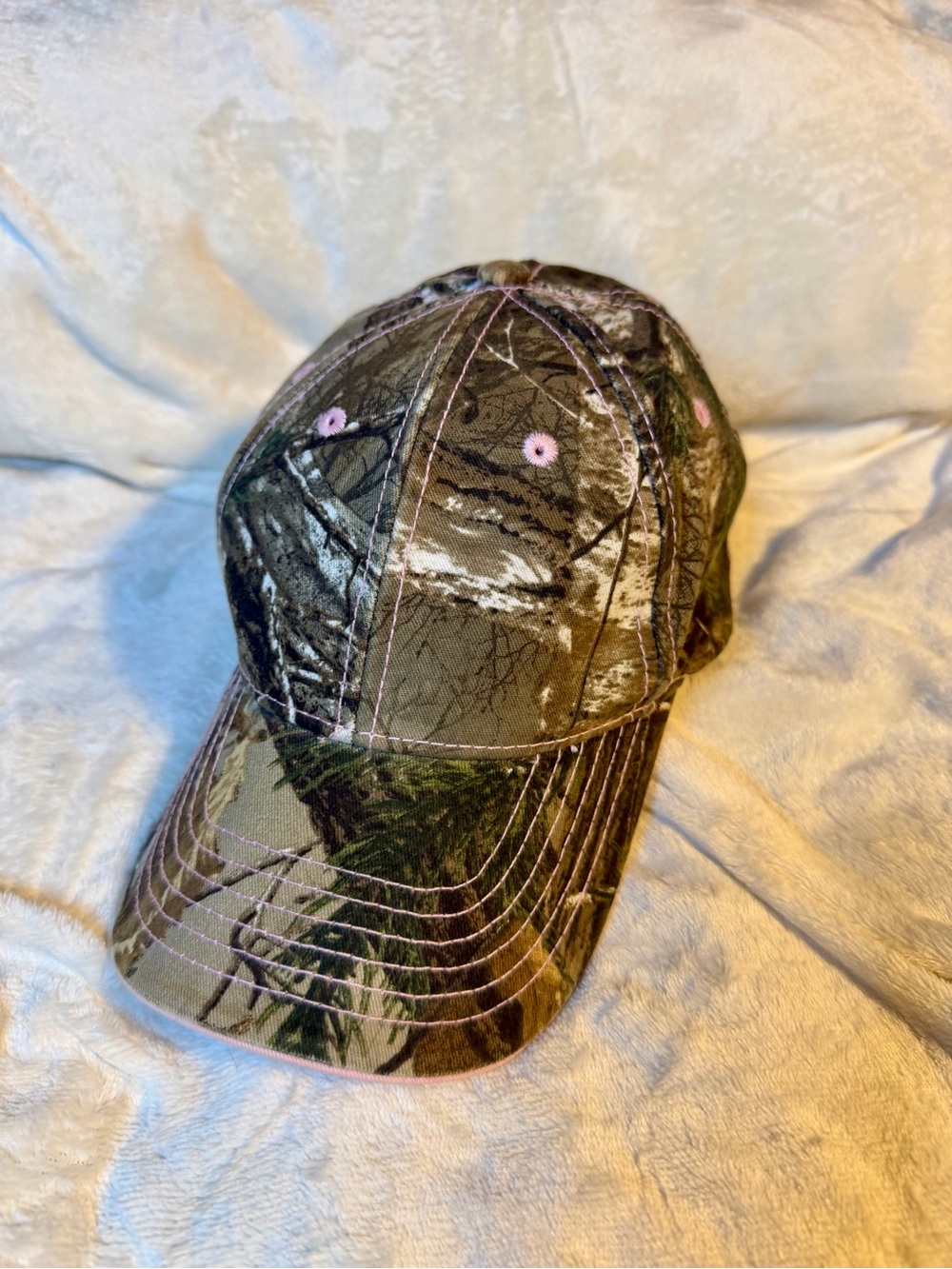 Camo Baseball Cap with Pink Stitching